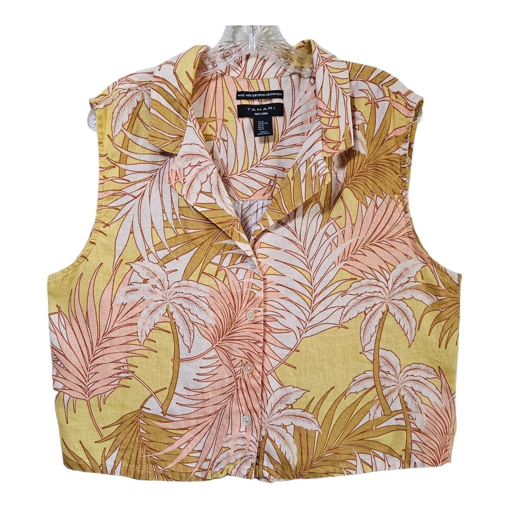 TAHARI Women XL 100% Linen Flax Blouse Sleeveless Tropical Leaves Button Up 44"